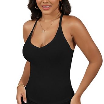 Women's Ribbed Knit Tank Top with Deep V-Neck and Racerback Design