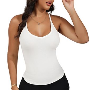 Women's Ribbed Knit Tank Top with Deep V-Neck and Racerback Design