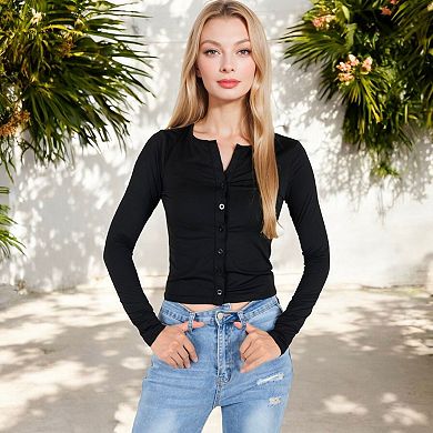 Women's Long Sleeve Button Down Collared Top with Stretch Fabric Fitted Design