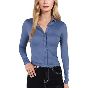 Women's Long Sleeve Button Down Collared Top with Stretch Fabric Fitted Design