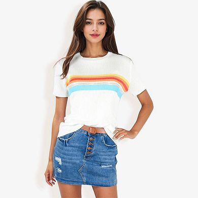 Women S T Shirt Rainbow Graphic Long Sleeve Round Neck Tops