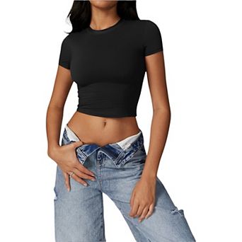 Women's Athletic Short Sleeve Crop Top with Stretch Fit and Crew Neck Design