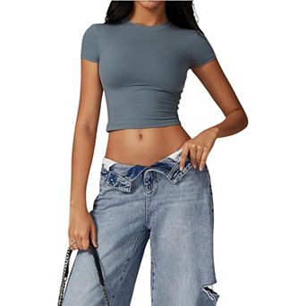 Women's Athletic Short Sleeve Crop Top with Stretch Fit and Crew Neck Design