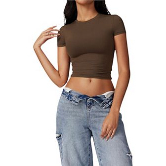 Women's Athletic Short Sleeve Crop Top with Stretch Fit and Crew Neck Design