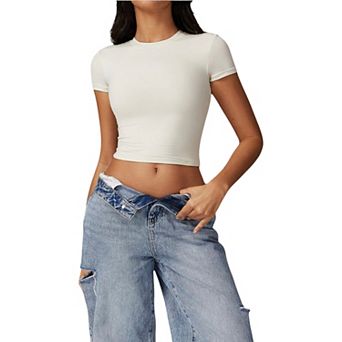 Women's Athletic Short Sleeve Crop Top with Stretch Fit and Crew Neck Design