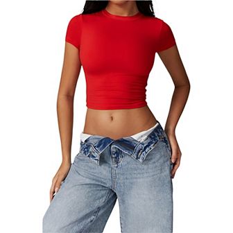 Women's Athletic Short Sleeve Crop Top with Stretch Fit and Crew Neck Design