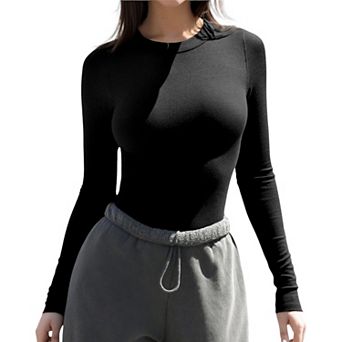Women's Ribbed Knit Long Sleeve Top with Crew Neck and Slim Fit Design