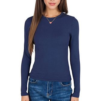 Women's Ribbed Knit Long Sleeve Top with Crew Neck and Slim Fit Design