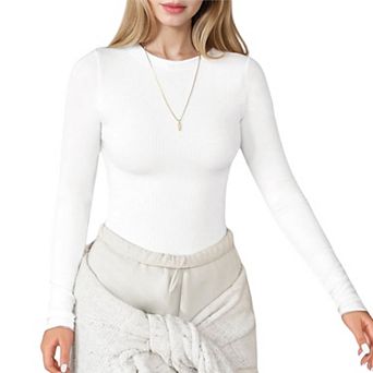 Women's Ribbed Knit Long Sleeve Top with Crew Neck and Slim Fit Design