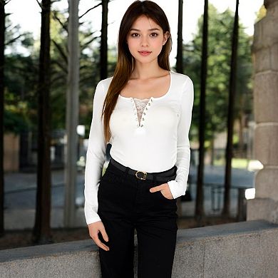 Women's Long Sleeve Lace Detail Henley Top with Decorative Buttons