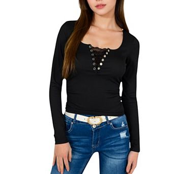 Women's Long Sleeve Lace Detail Henley Top with Decorative Buttons