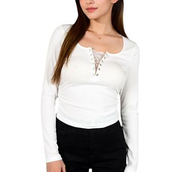 Women's Long Sleeve Lace Detail Henley Top with Decorative Buttons