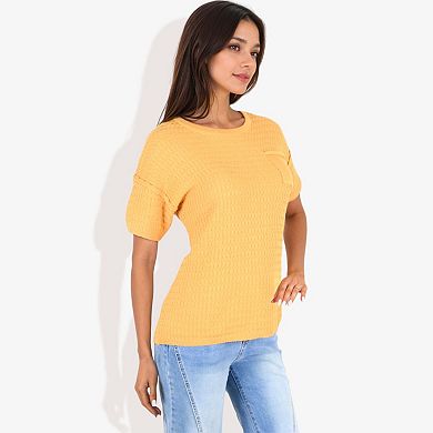 Women's Short Sleeve Waffle Knit Top with Chest Pocket