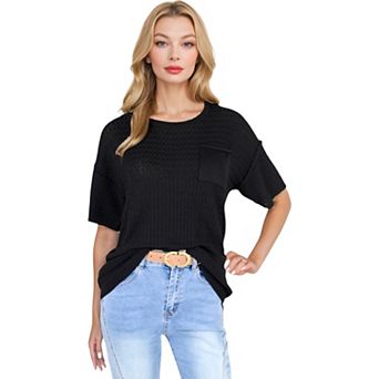 Women's Short Sleeve Waffle Knit Top with Chest Pocket