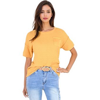 Women's Short Sleeve Waffle Knit Top with Chest Pocket