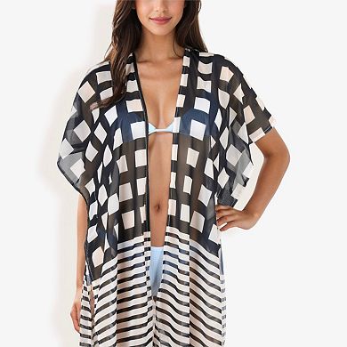 Women's Sheer Striped Duster Cover-Up With Ruffled Hem And Open Front
