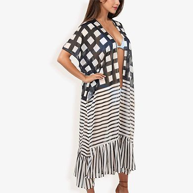 Women's Sheer Striped Duster Cover-Up With Ruffled Hem And Open Front