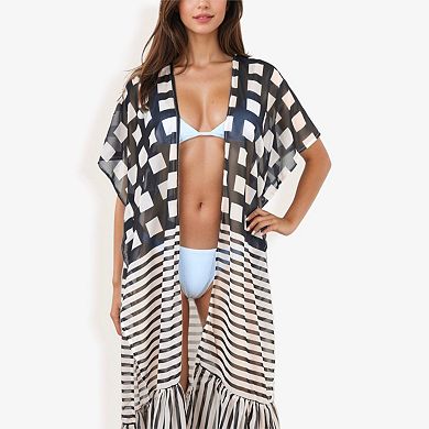 Women's Sheer Striped Duster Cover-Up With Ruffled Hem And Open Front