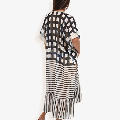 Women's Sheer Striped Duster Cover-Up With Ruffled Hem And Open Front