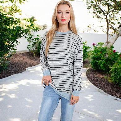 Women's Long Sleeve Striped Pullover with Front Pockets and Contrast Cuffs