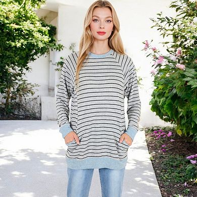 Women's Long Sleeve Striped Pullover with Front Pockets and Contrast Cuffs