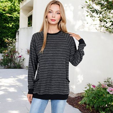 Women's Long Sleeve Striped Pullover with Front Pockets and Contrast Cuffs