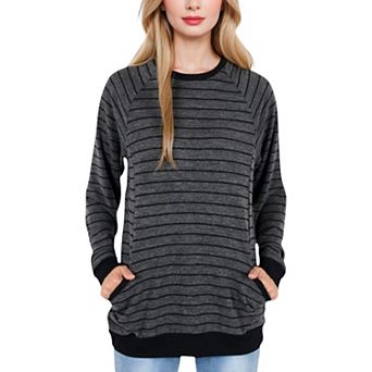 Women's Long Sleeve Striped Pullover with Front Pockets and Contrast Cuffs