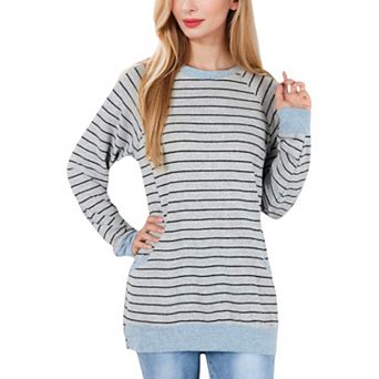 Women's Long Sleeve Striped Pullover with Front Pockets and Contrast Cuffs
