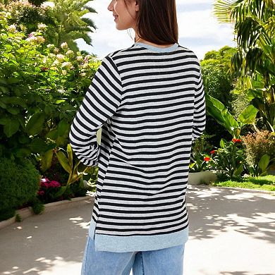 Women's Long Sleeve Striped Pullover with Contrast Hem and Cuffs