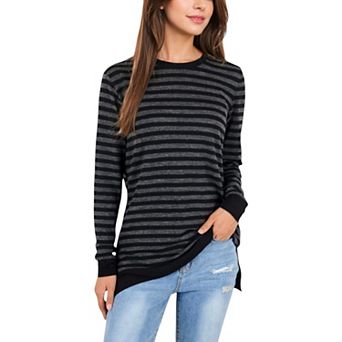 Women's Long Sleeve Striped Pullover with Contrast Hem and Cuffs