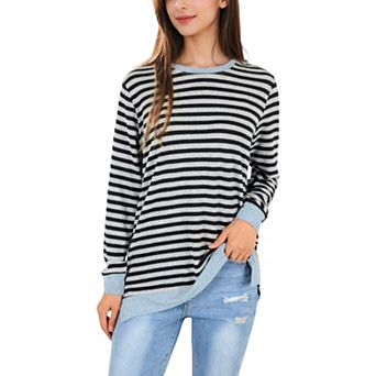 Women's Long Sleeve Striped Pullover with Contrast Hem and Cuffs