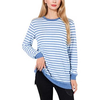 Women's Long Sleeve Striped Pullover with Contrast Hem and Cuffs