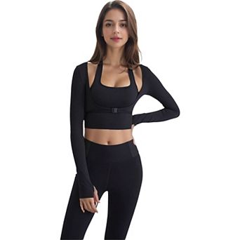 Women's Long Sleeve Cropped Sports Top with Buckle Detail
