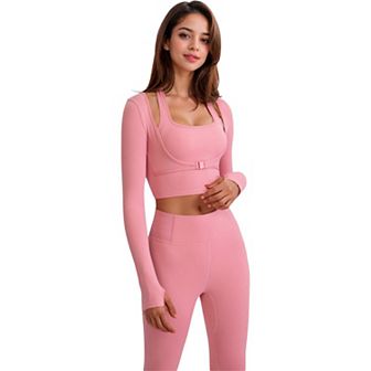 Women's Long Sleeve Cropped Sports Top with Buckle Detail