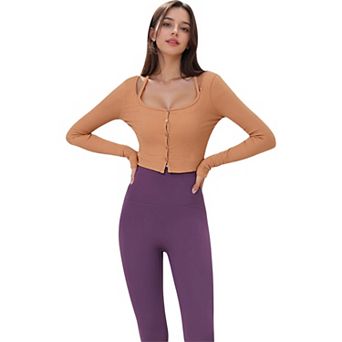 Women's Button-Up Long Sleeve Crop Top with Scoop Neck and Thumbhole Cuffs