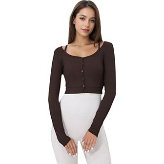 Women's Button-Up Long Sleeve Crop Top with Scoop Neck and Thumbhole Cuffs