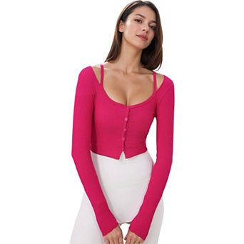 Women's Button-Up Long Sleeve Crop Top with Scoop Neck and Thumbhole Cuffs