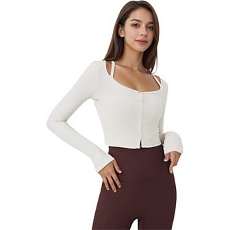 Women's Button-Up Long Sleeve Crop Top with Scoop Neck and Thumbhole Cuffs