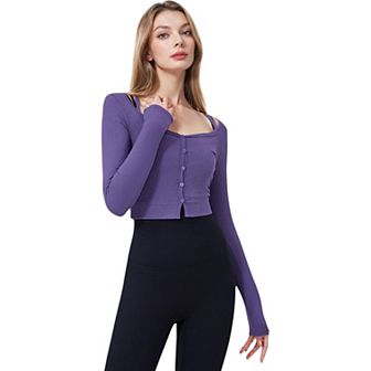 Women's Button-Up Long Sleeve Crop Top with Scoop Neck and Thumbhole Cuffs