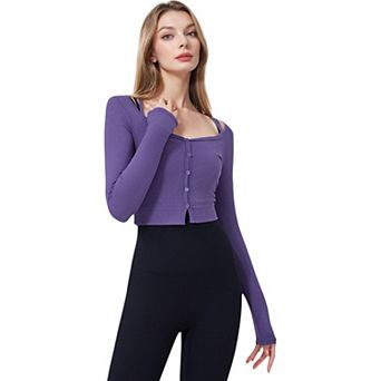 Women's Button-Up Long Sleeve Crop Top with Scoop Neck and Thumbhole Cuffs