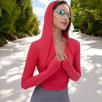 Women's Long Sleeve Wrap Hoodie with V-Neck and Side Drawstring Details