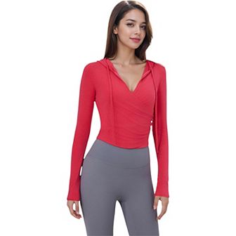 Women's Long Sleeve Wrap Hoodie with V-Neck and Side Drawstring Details