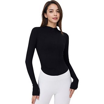 Women's Long Sleeve Zipper Front Athletic Top with Thumbhole Cuffs and Fitted Design