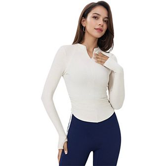 Women's Long Sleeve Zipper Front Athletic Top with Thumbhole Cuffs and Fitted Design
