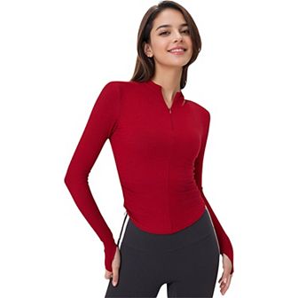 Women's Long Sleeve Zipper Front Athletic Top with Thumbhole Cuffs and Fitted Design