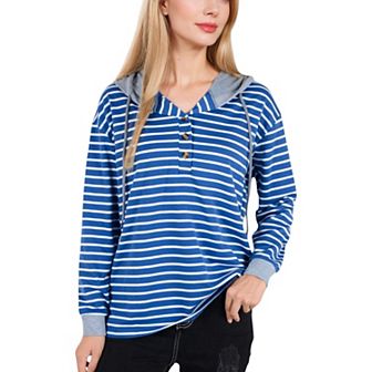 Women's Striped Long Sleeve Pullover Hoodie with Button-Down Collar and Cuffed Sleeves