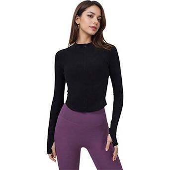 Women's Slim Fit Zip-Up Active Top with Thumb Holes and Raglan Sleeves