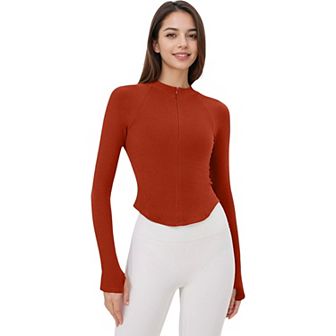 Women's Slim Fit Zip-Up Active Top with Thumb Holes and Raglan Sleeves