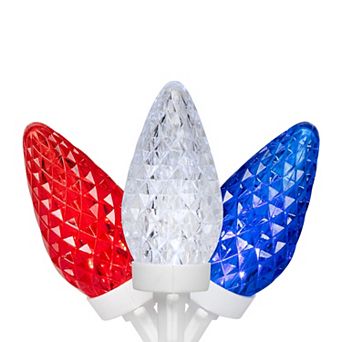 Patriotic LED C9 Faceted Red White and Blue 66' White Wire 100 ct Christmas Lights
