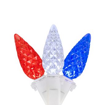 Patriotic LED C6 Faceted Red White and Blue 16.5' White Wire 50 ct Christmas Lights